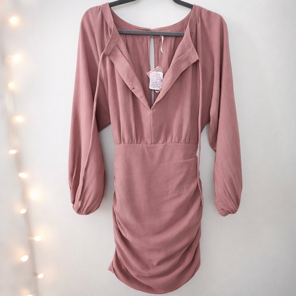 Free People Dusty Rose Ruched Mini Dress Long Sleeve Boho Cottagecore Size S